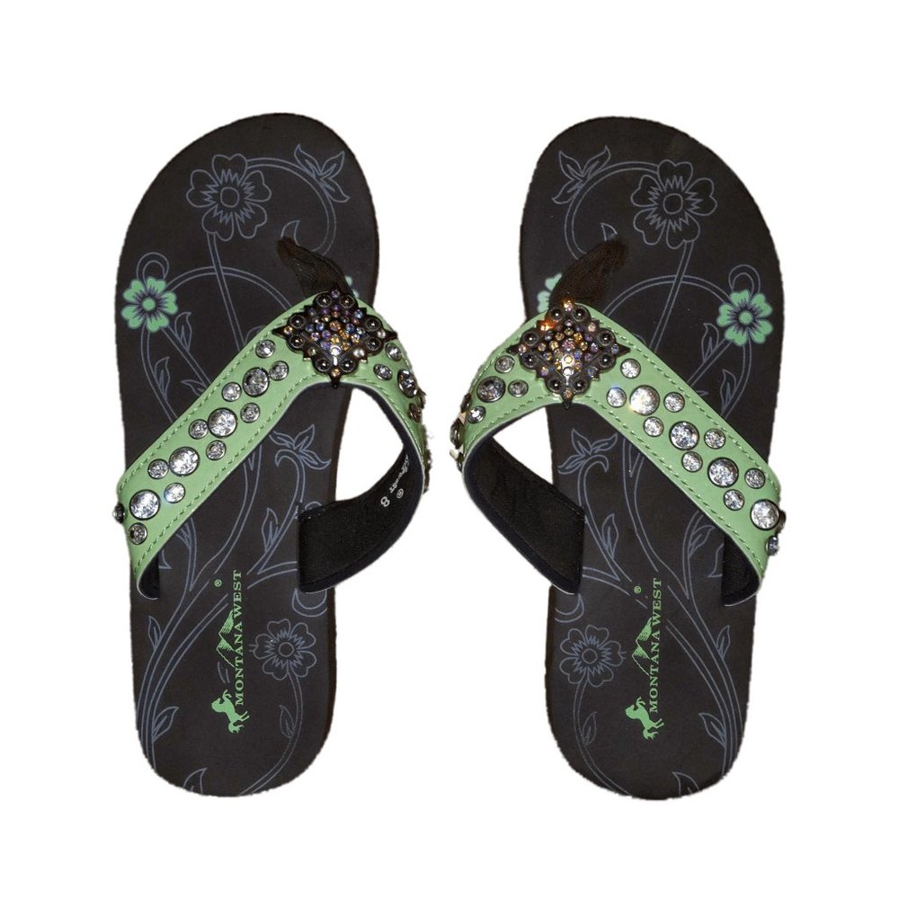 Montana West Brown & Lime Jeweled Flip-Flop Sandals Size 8